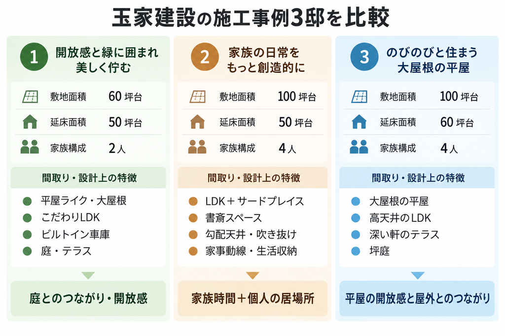 玉家建設3邸の広さや家族構成、間取りの特徴と屋外とのつながりを比較した図解